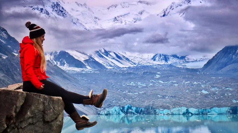 Digital nomad Liz Carlson at the Tasman Glacier