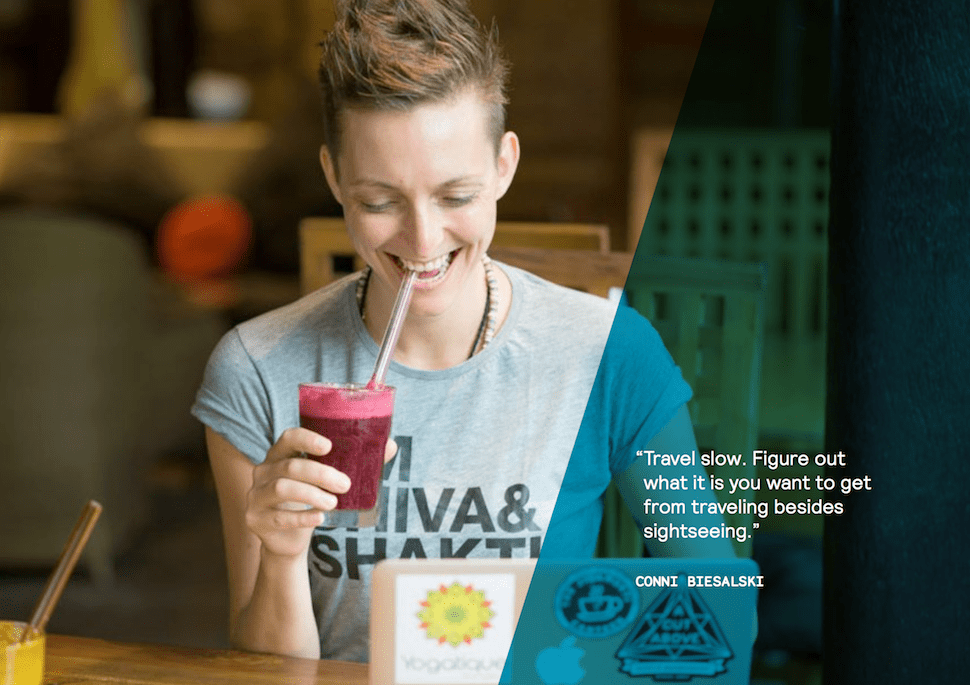Digital Nomad Conni Biesalski sipping some fresh juice at a cafe